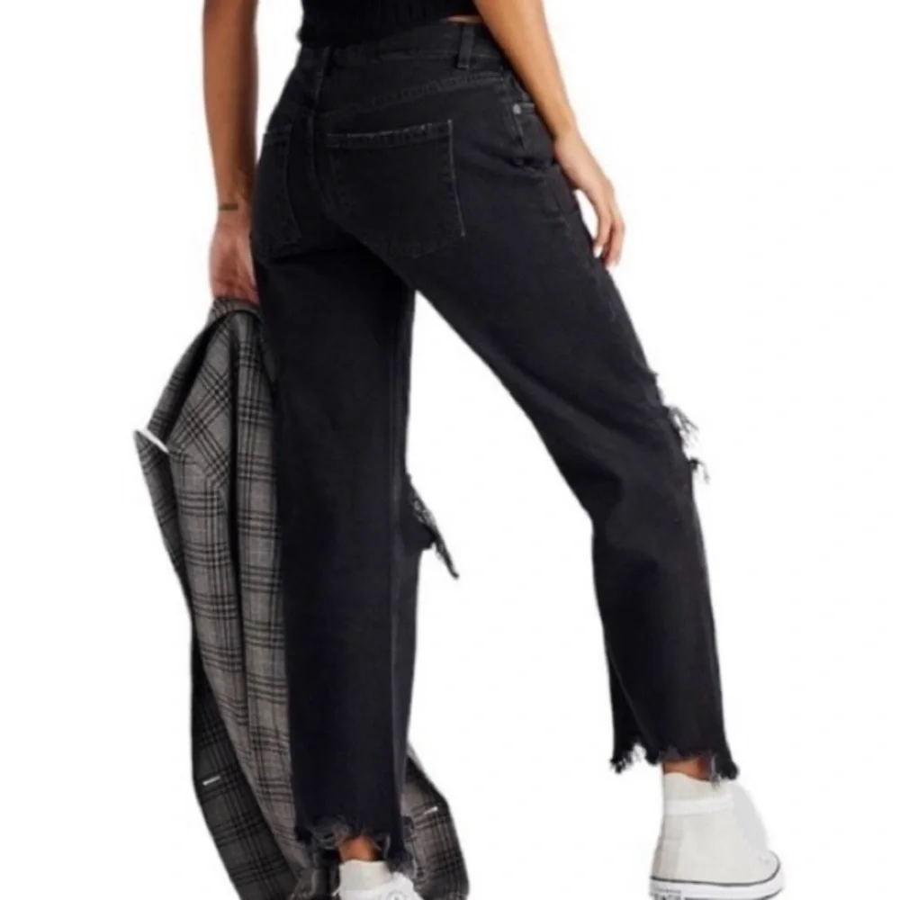 Free People Maggie Mid Rise Straight Leg Black Distressed Jeans